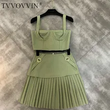 TVVOVVIN, летние новые женские комплекты, сплошной цвет, без рукавов, короткий камзол, высокая талия, плиссированные юбки, две части, Женский C896