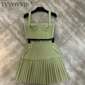 

TVVOVVIN 2019 Summer New Women's Sets Solid Color Sleeveless Short Camisole High Waist Pleated Skirts Two Pieces Female C896