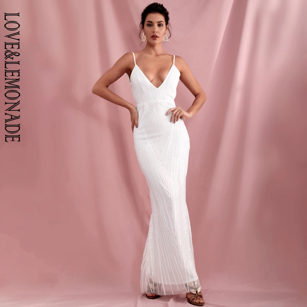LIEFDE & LIMONADE Sexy Wit V-hals Geometrische Pailletten Slim Fit Open Back Fishtail Party Maxi Jurk LM81225-1 LIEFDE & LIMONADE Sexy Wit V-hals Geometrische Pailletten Slim Fit Open Back Fishtail Party Maxi Jurk LM81225-1