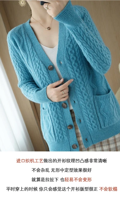 V-neck 100% Wool Cardigan Women Sweater Cashmere Knit Long-sleeved Jacket  Coats