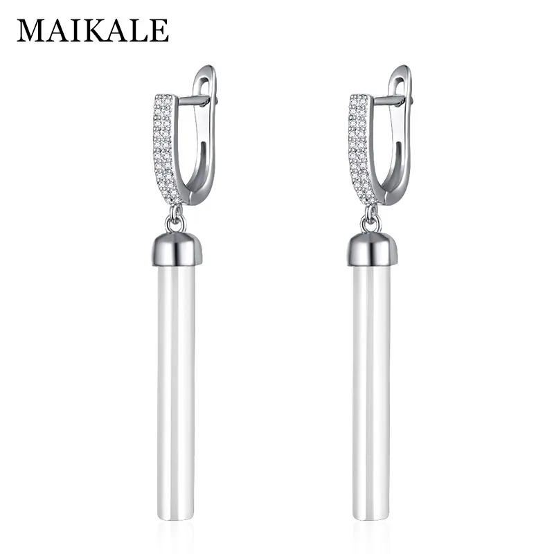 silver white MAIKALE, новинка, модные прямые длинные серьги, черные керамические серьги, кубический цирконий, золото/серебро, висячие серьги для женщин, очаровательные подарки - Окраска металла: silver white