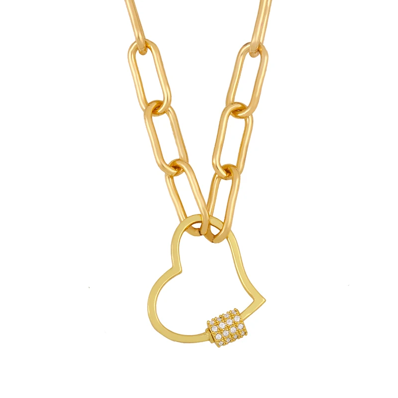 FLOLA Gold Heart Necklace For Women Carabiner Lock Lightning Bolt Pendant Necklace Zirconia Copper Punk Statement Jewelry nker30