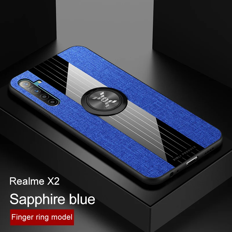 Blue With Ring Чехол для Realme X2 Pro, тканевый, с кольцом на палец, мягкий силиконовый чехол для OPPO Realme X2 XT Fundas - Цвет: Blue With Ring