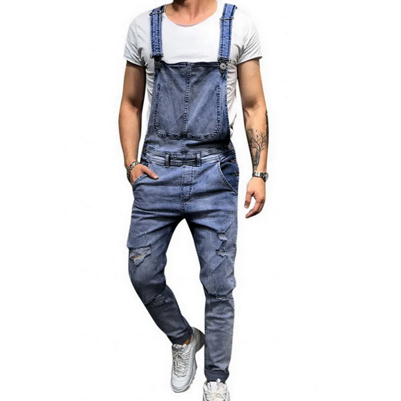 

2019 New Men's Overall Street Casual Jumpsuit Jeans Washed Hole Pocket Modis Pantalon Homme Pants Ripped Suspenders