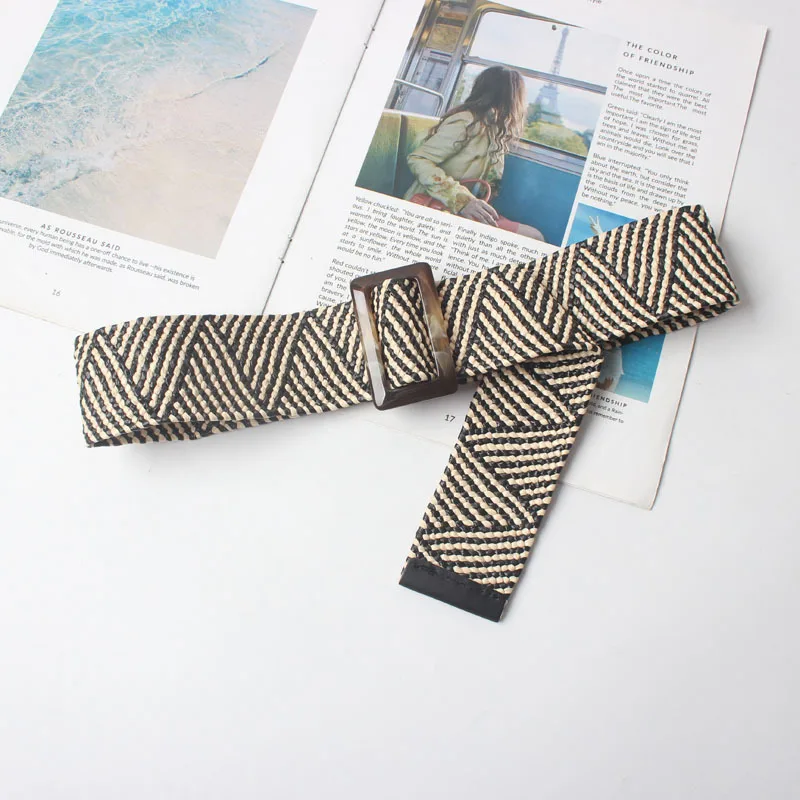 

New Vintage Knitted Wax Rope Wooden Bead Waist Rope Women Smooth Buckle Belt Woman Woven Female Hand-Beaded Braided Belt BZ03