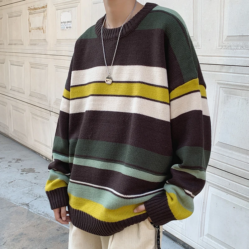 Striped Sweater Men Warm Fashion Contrast Color Casual O-neck Knit Pullover Men Streetwear Knitting Sweaters Male Sweter Clothes