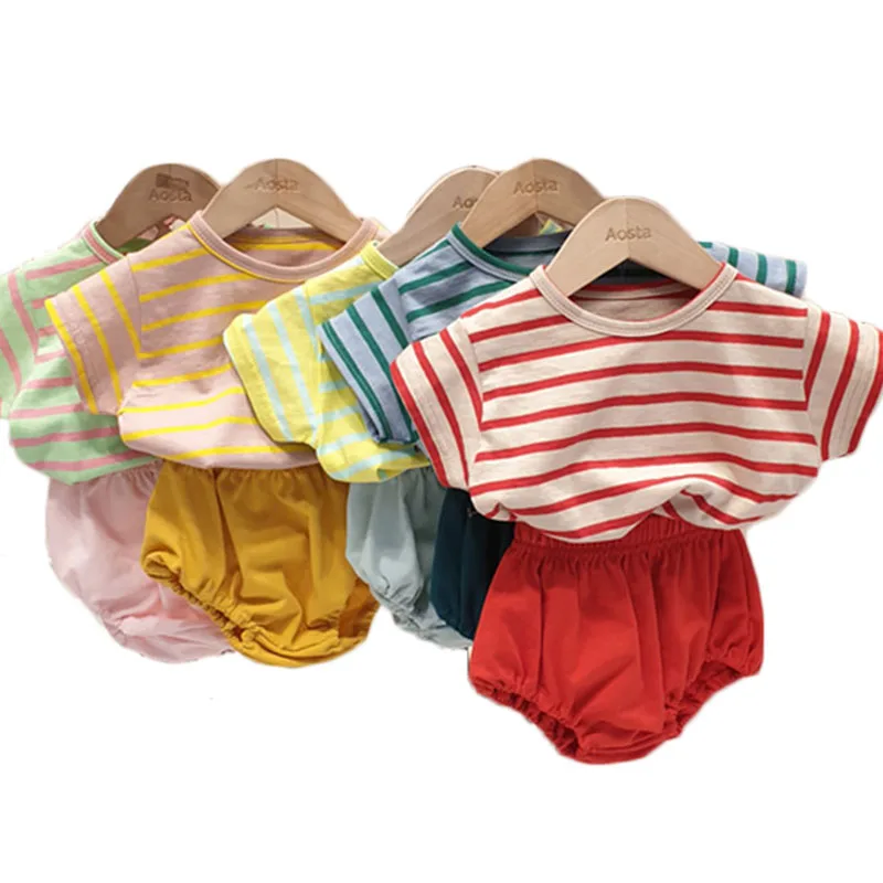 1239.0¥ 50% OFF|男の子と女の子のためのストライプの綿の夏服,カジュアルな半袖tシャツ,2個,2020|Clothin...