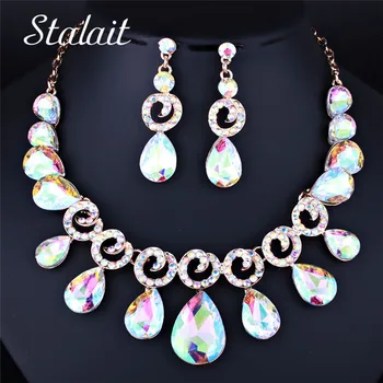 

Fashion AB Color Water Drop Crystal Glass Necklace Earrings Bridal Jewelry Chic Shape Rhinestone Jewelry Set