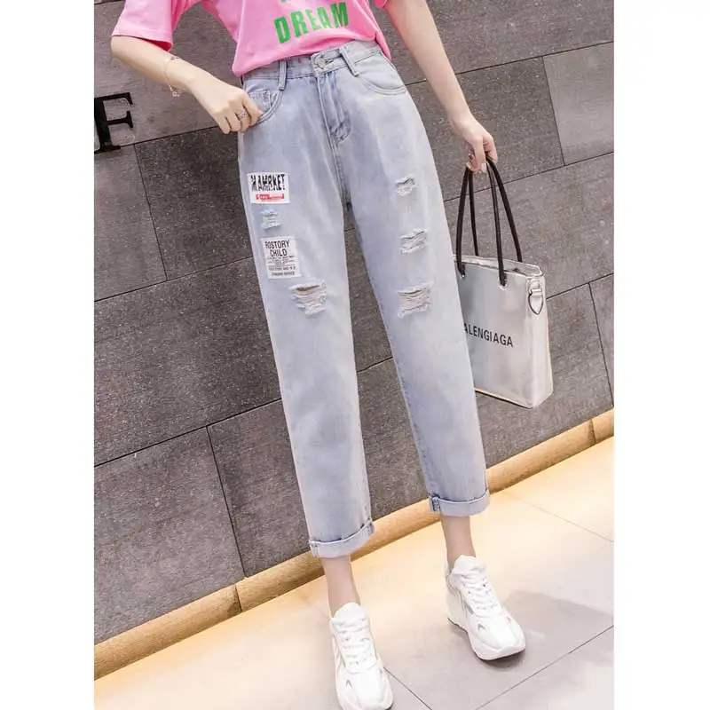 

Korean Pants Jeans Woman Cuffs Loose Autumn Thin Slim Hole Pattern High Waist Student Harem Pants Boyfriend Jeans For Women 2019