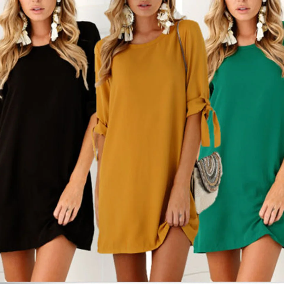 

2020 Autumn Women Fashion New Round Neck Short Dresses Solid Colour A-Line Party Dress Loose Middle Sleeve Casual Elegant Dress