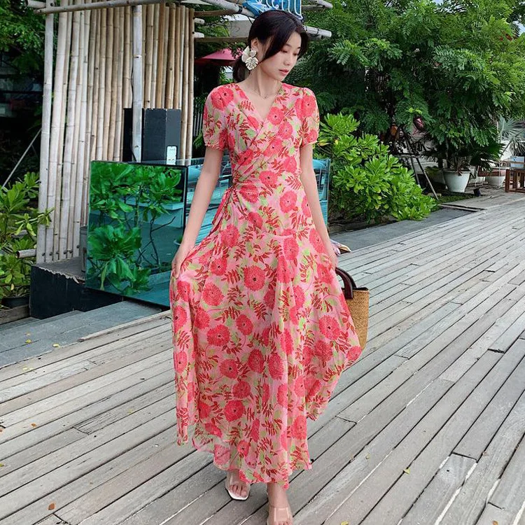 

Spring And Summer French Elegant Floral-Print Chiffon Dress Women's Seaside Holiday Bali Beach Skirt V-neck High-waisted Long Sk