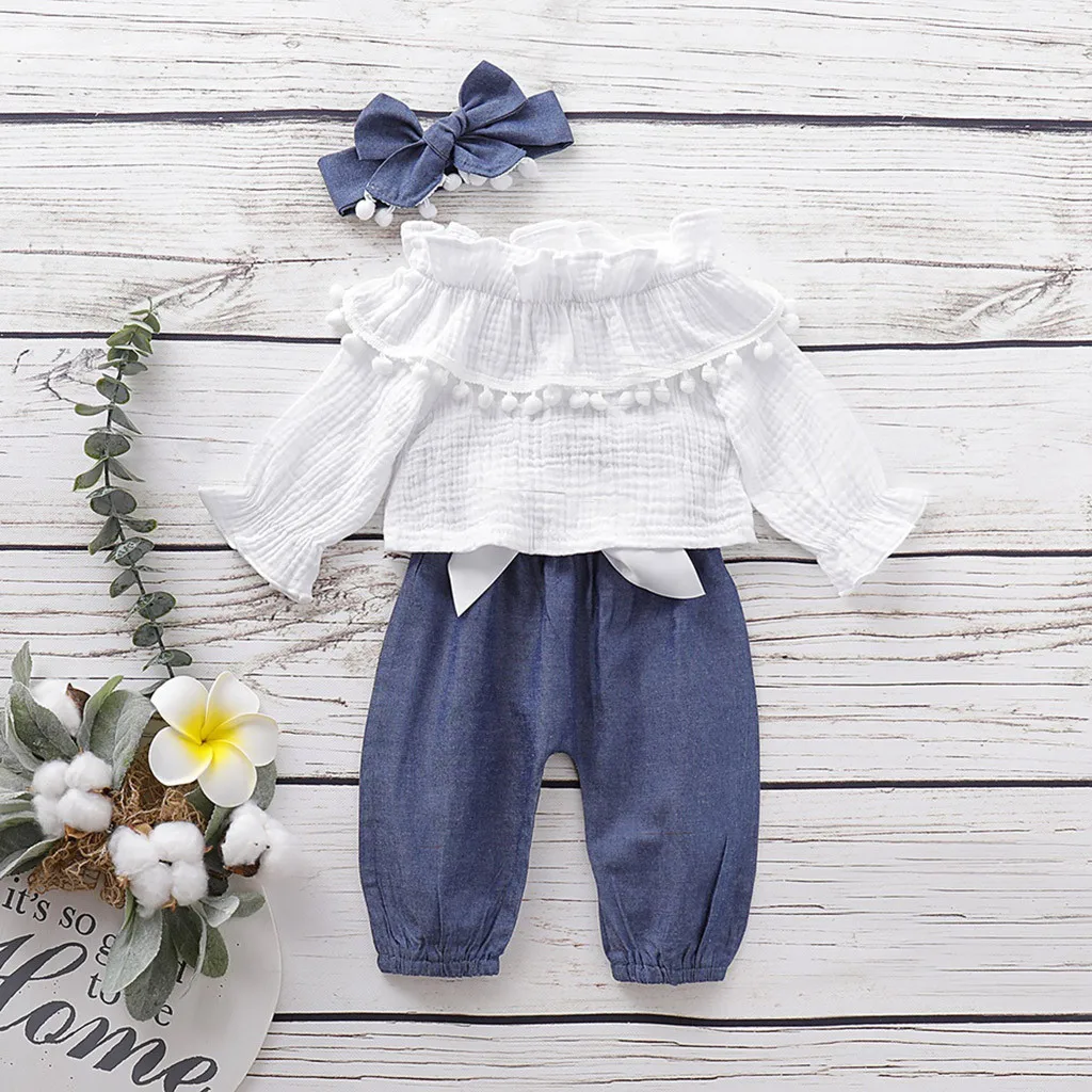 

Children Clothing Set Infant Baby Girls Flare Sleeve Ruffles Solid Print Tops+Pants+Headband Outfits Girls Winter Clothes M850#
