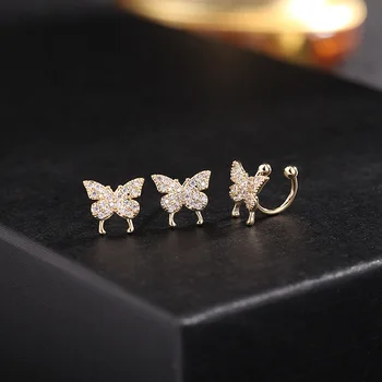 

Earrings 2020 New Style Sweet Non-symmetrical Ear Clip Pierceless Female Small Butterfly Ear Stud Needles Three-piece Set Ear