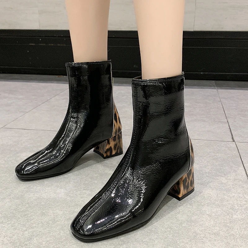 

Rimocy Womens Sexy Leopard Square Heels Ankle Boots Waterproof Leather Crystal Zipper Botas Mujer Fashion Square Toe Shoes Woman