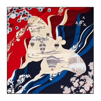 

90cm ”Hot Air Balloon“ Square Scarf Women Bandana Handmade Curled Twill Shawl Brand Silk Scarf Head Hijab Scarves For Ladies