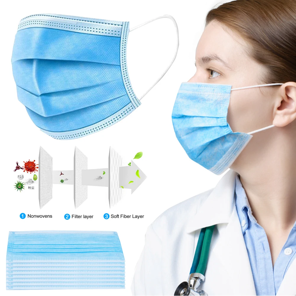 

10/30/50pcs Non Woven Disposable Face Mask 3 Layer Filter Ear Hanging Dust-Proof Meltblown Mouth Face Mask Anti-Pollution Masks