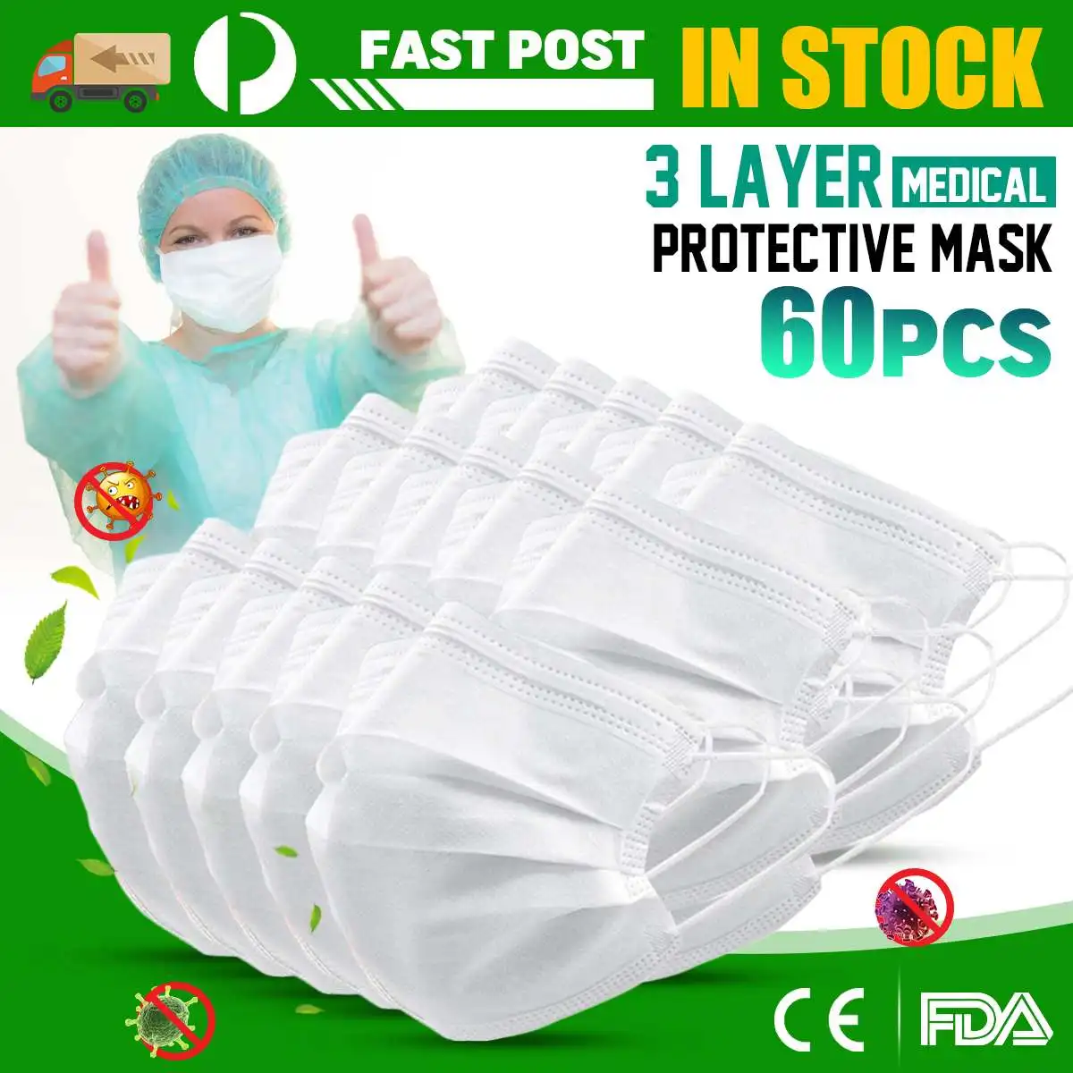 

60pcs 3 Layers Non-woven Face Mask Surgical Dental Bad Smell Bacteria Proof 3-Ply Ear Loop Disposable Face Mouth Mask