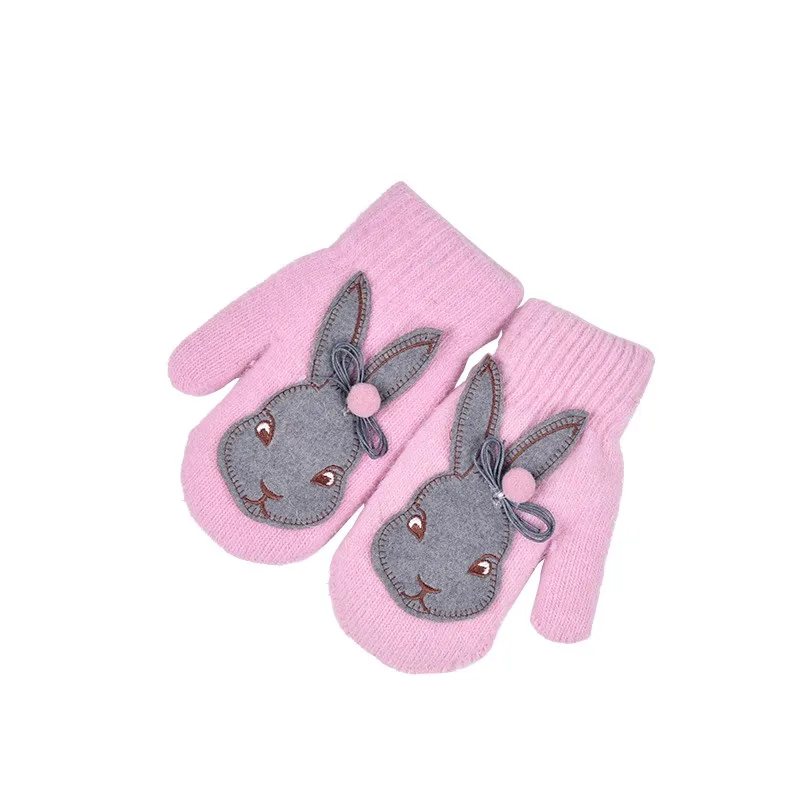 PG Baby New Cute Cartoon Rabbit Gloves Winter Knit Wool Newborn Mittens Velvet Thick Children Kids Keep Finger Warm 3-8 Years Old - Цвет: PG