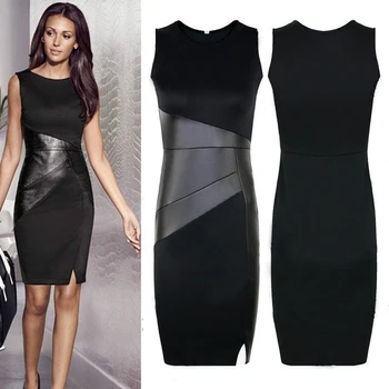 

Plus Size XXL Ladies Sexy Slim Mesh Pencil Dress Women Sleeveless Zipper Black Elegant PU Leather Patchwork Dress