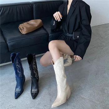 

Beige 2020 INS Women Blue High Heels Wedges Long Boots Western Vintage Cowboy Boots Winter Designer Thigh High Embroidered Boots