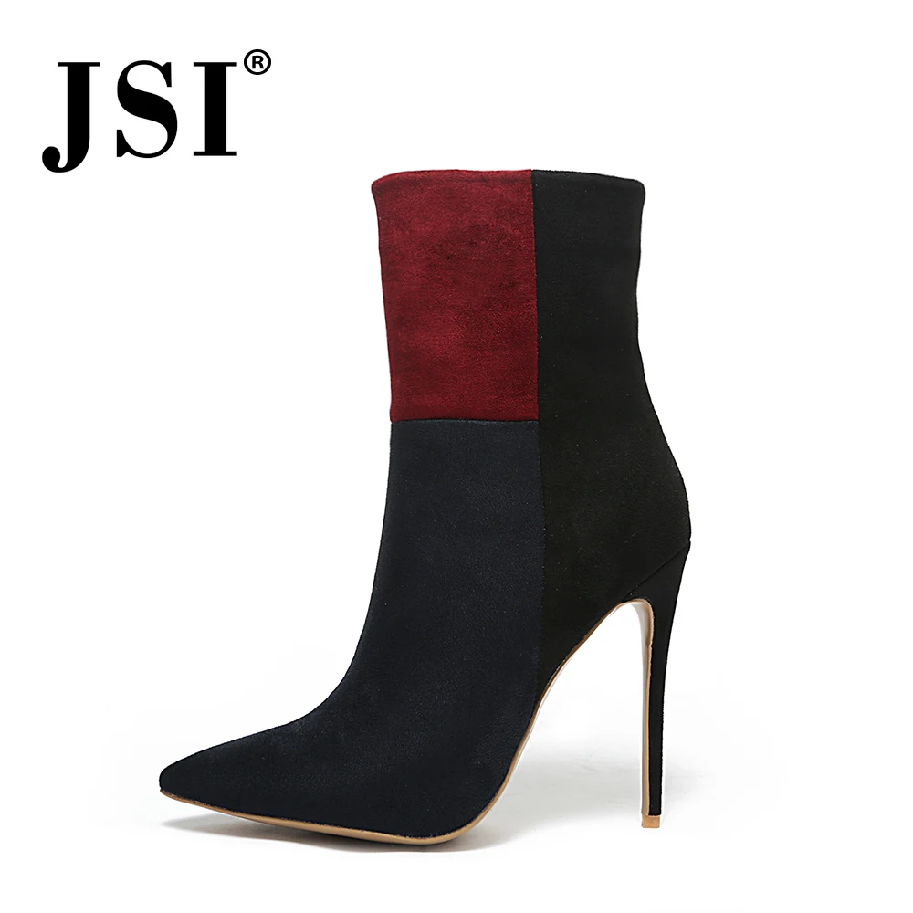 

JSI Winter Ankle Women Boots Mixed Colors Flock Pointed Toe Thin Heel Super High Heel Zipper Handmade Basic Women Boots JE12
