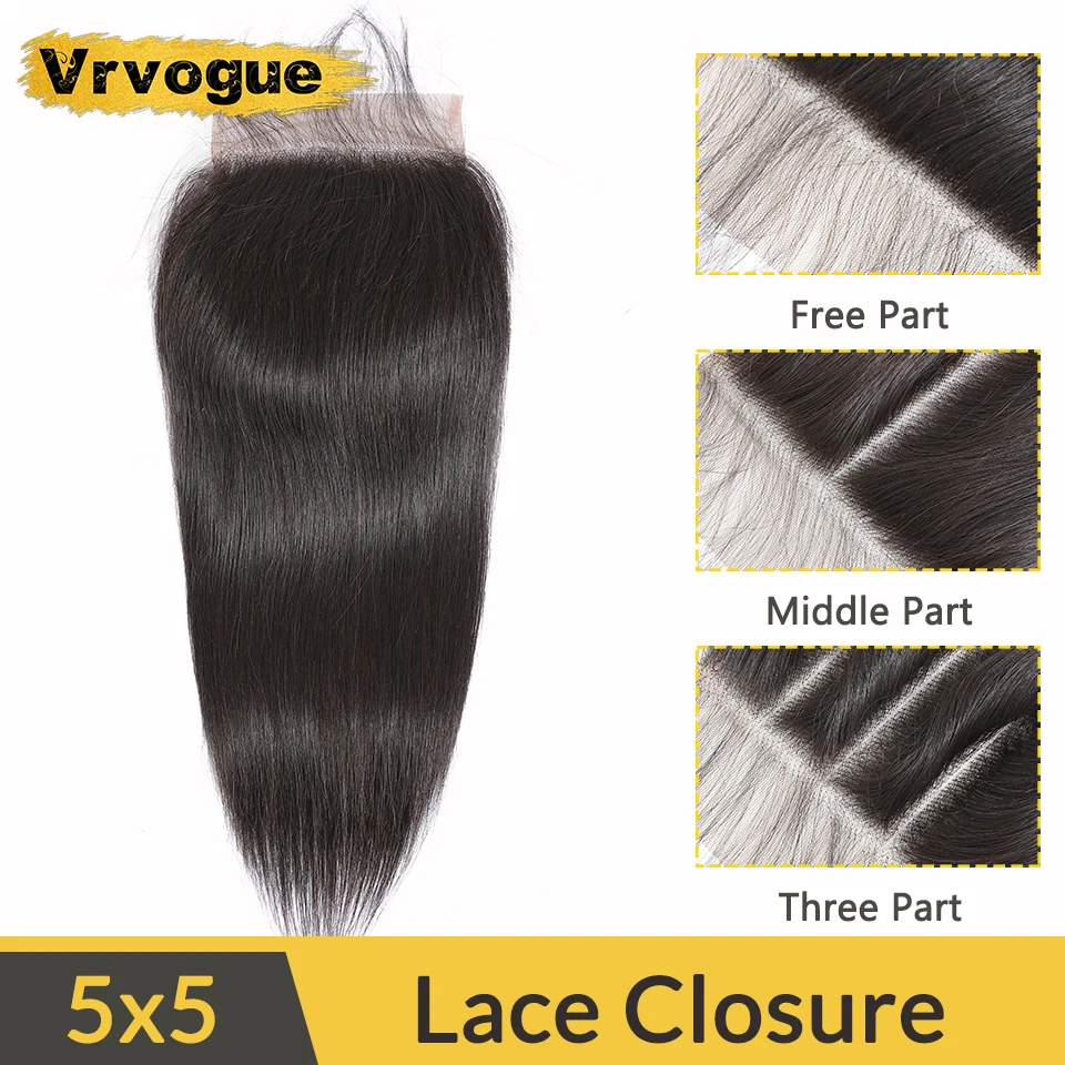 

Vrvogue Straight Closure 5x5 Lace Closure Brazilian Remy Human Hair Closure Bleached Knots With Baby Hair Middle/Free Part