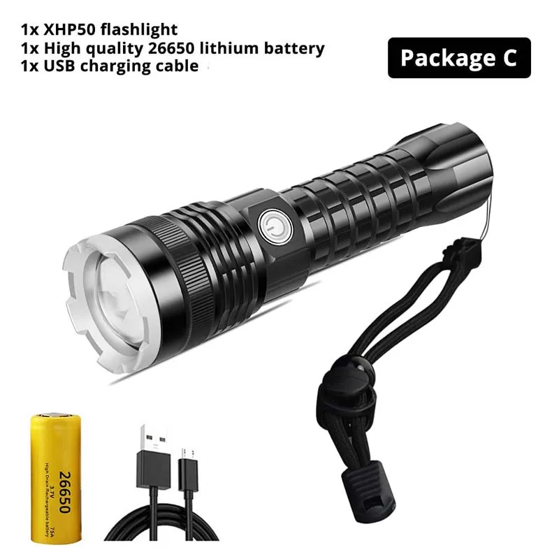 Package C Мощный светодиодный светильник XHP50 с usb-зарядкой, водонепроницаемый, с зумом, 4 режима, тактический фонарь, уличный охотничий светильник, с помощью батареи 26650 - Испускаемый цвет: Package C
