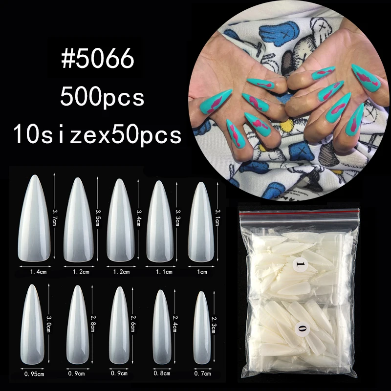 Длинные тонкие 100/500 шт. Типсы для дизайна ногтей белый/прозрачный/натуральный