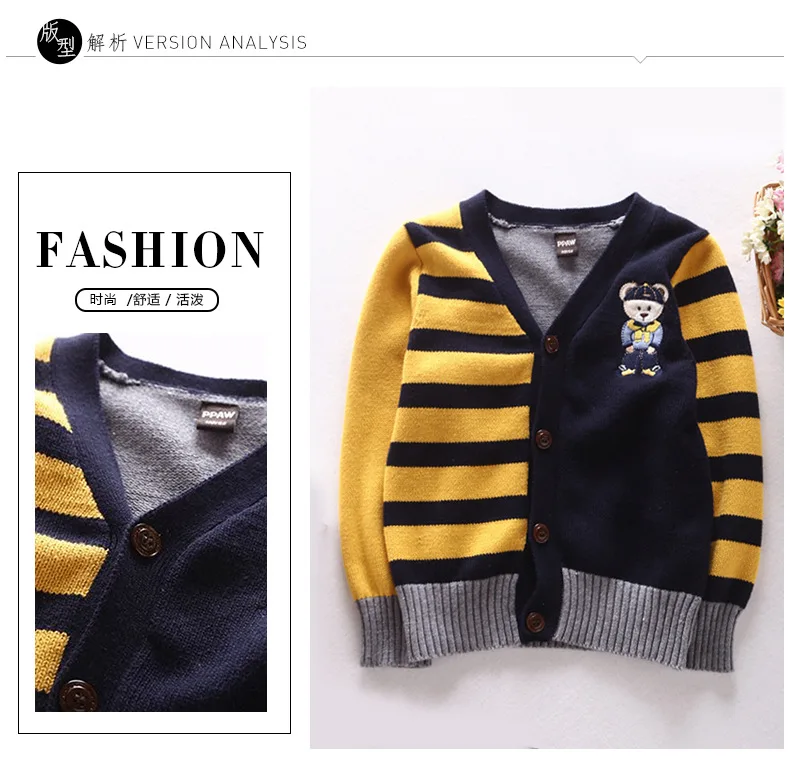 Осенний стильный Детский кардиган с v-образным вырезом, хлопковый свитер в полоску, пальто для мальчиков