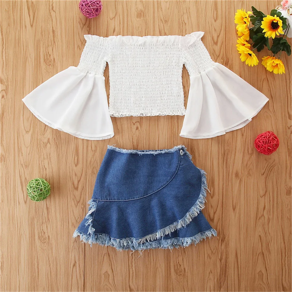Skirt Sets Little Girls Skirt Suits Children Solid Color Long Flare Sleeve Top