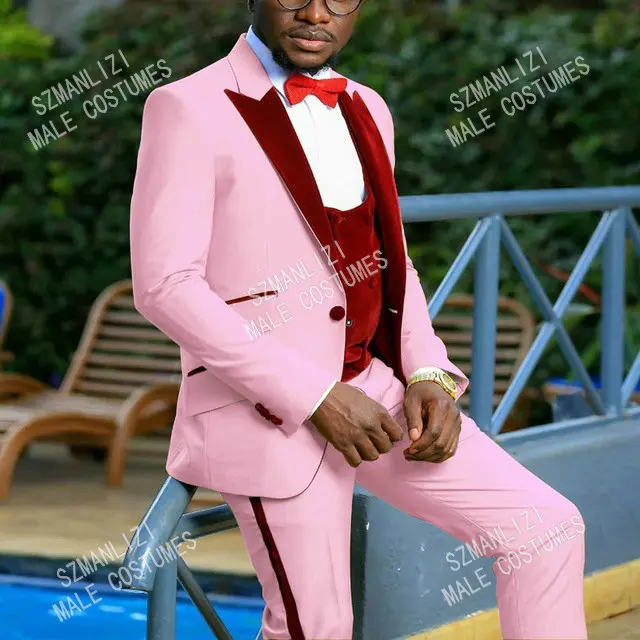 

SZMANLIZI Men Wedding Suits 2020 Italian Style Tailor Made Pink Smoking Tuxedo Jacket 3 Piece Groom Terno Suits For Men Best Man