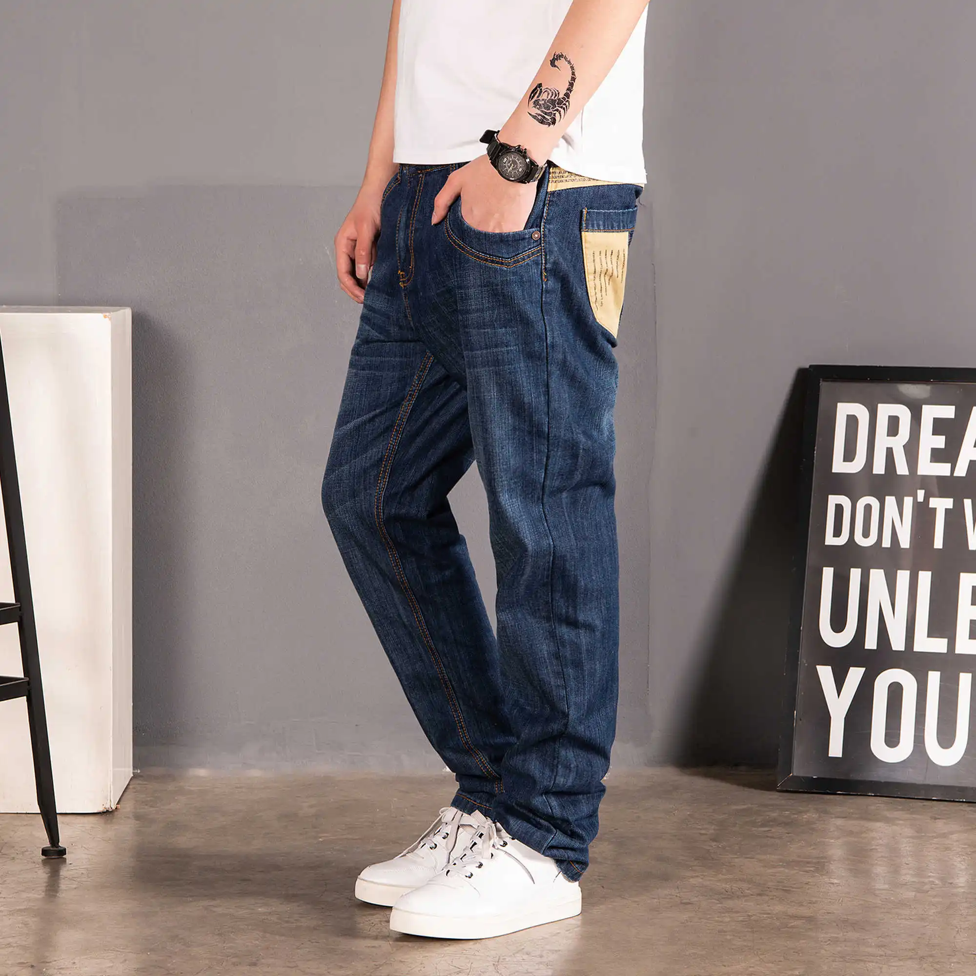 

2019 New big Plus Size 46 44 42 40 Jeans Men Loose Trousers Spring Autumn Jeans Pants Elasticity Straight Stretch