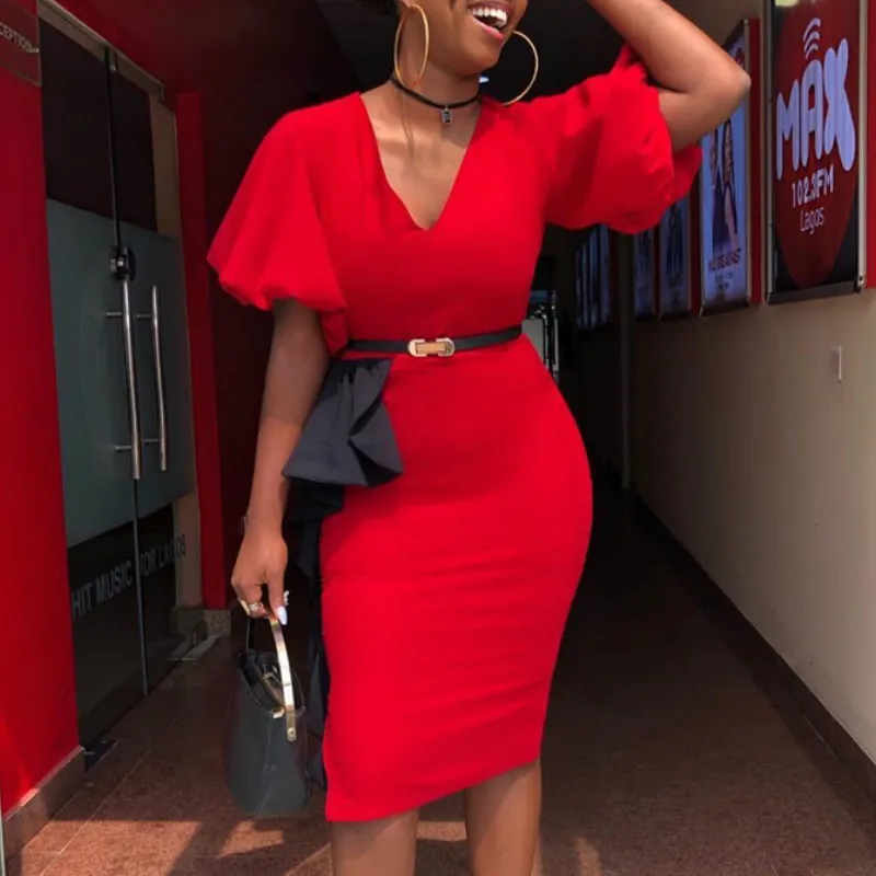 

Red V Neck Short Sleeves Bodycon Dresses Elastic with Waist Belt Ruffles Elegant Office Wear Women Summer African Plus Size Robe