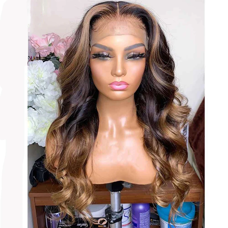 Ombre Colored Human Hair Wigs Deep Part Honey Blonde Highlighted Wigs Natural Wave Remy Preplucked Ombre Brown Lace Front Wig