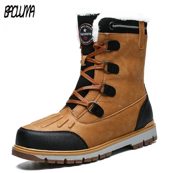 

Brand Winter Men's Boots Thick Plush Warm Man Snow Boots Lace-UP Men Ankle Boots Outdoor Waterproof Male Motorcycle Shoes 38-46