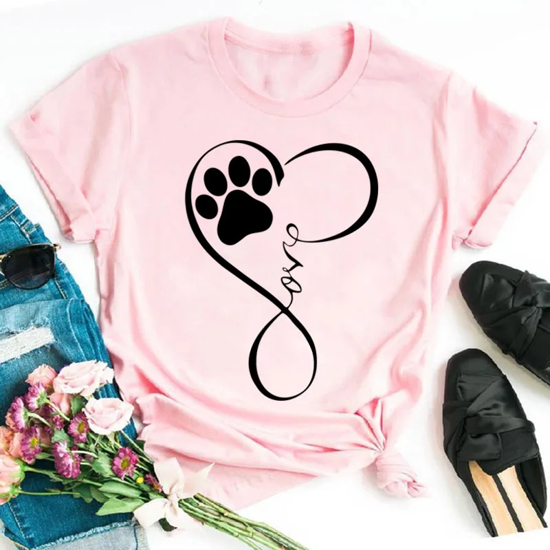 Women T Shirt Cartoon Tops Colorful Heart Dog Paw Print T-shirt Female Summer T-shirt 90s Girls Short Sleeve Tee Black T-shirts cute summer crop tops Tees