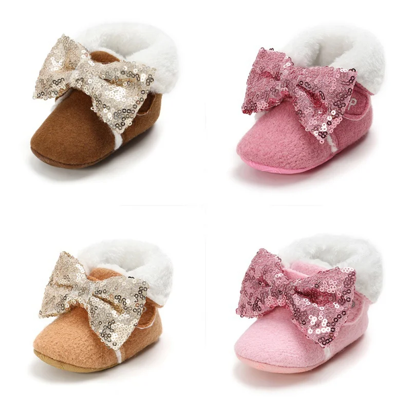 Зимние сапоги для маленьких девочек с лентами для волос; милые мягкие ботинки для новорожденных; теплые зимние ботинки для девочек