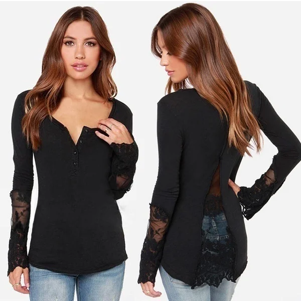 

Plus Size Shirts Women Summer Tee Ladies TShirt new Patchwork Lace Long Sleeve Tops V Neck Tops Vintage Christmas