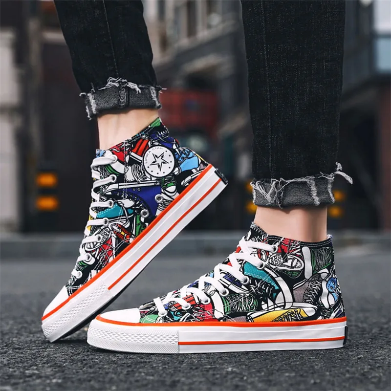 

White Sneakers Men Fashion Shoes Casual Breathable Canvas High Top Shoes Lace Up Rubber Sole Trainers Boots Zapatos Hombre