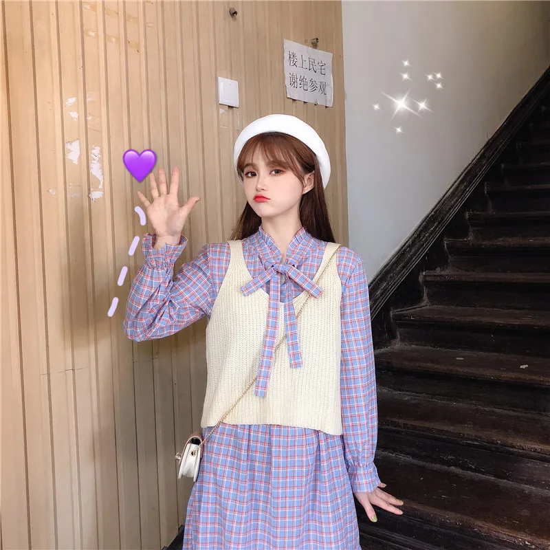 

Preppy Style Women's Set: Mid-Claf Plaid Dress + Vest Sweater Bow Tie Ruffles Trim Long Sleeve Dress Blue Green Autumn
