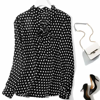 

Women's 100% Pure Silk Shirt Top Blouse Tie Bow Neck Tunic White Black Navy Dots Size M L XL JN190