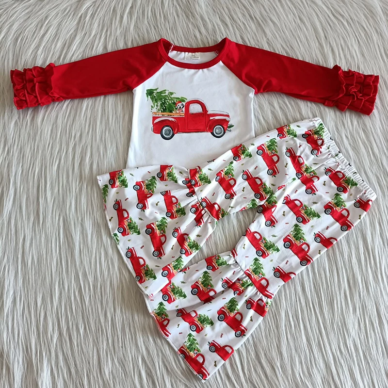 Wholesale Baby Girl Christmas Clothing Cute Truck Tree Red Ruffle Long