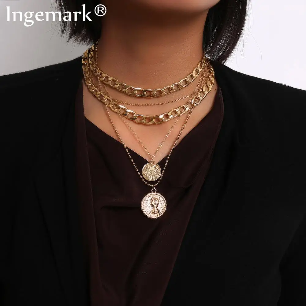 Ingemark панк, кубинское ожерелье на шею, хип-хоп, большая толстая массивная цепочка, модное ожерелье с кулоном в виде королевы монет, Женские Ювелирные изделия