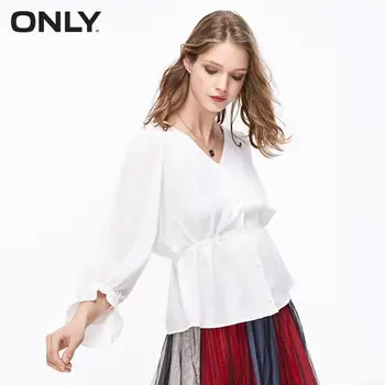 

ONLY Women's White Cinched Waist Flared Wrist Sleeves V-neckline Chiffon Shirt | 11926W502