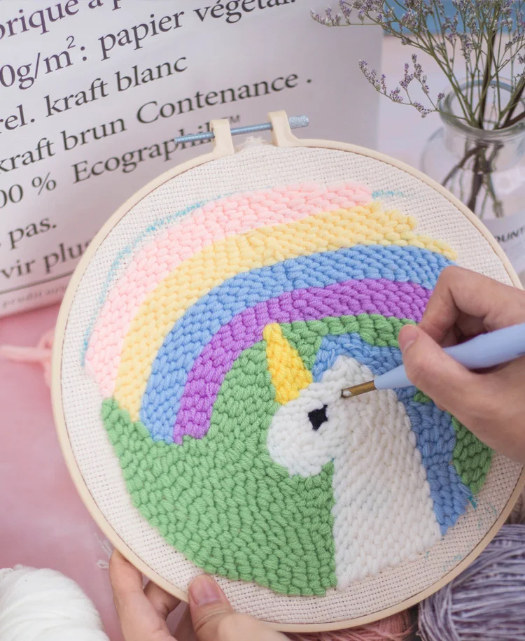 Rainbow Unicorn DIY Punch Needle Embroidery Kit with Hoop Needlework Handwork Cross Stitch for Beginner Sewing Craft Home Decor