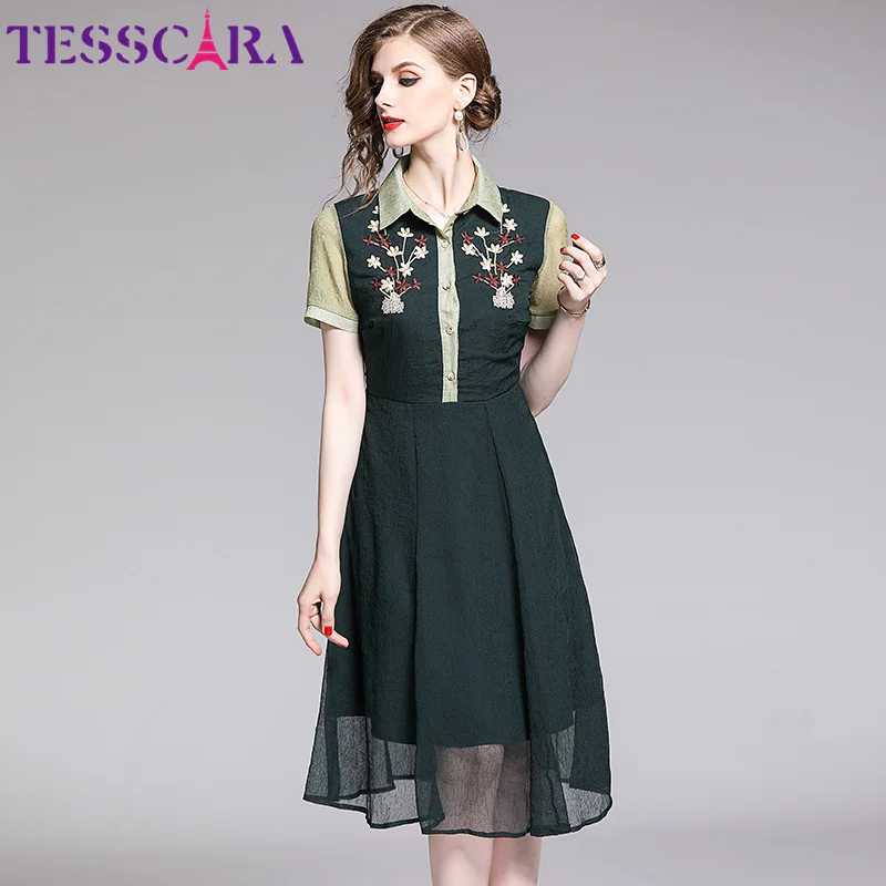 Green TESSCARA женское летнее элегантное платье с вышивкой, рубашка, женские офисные Коктейльные Вечерние платья, высокое качество, Дизайнерские повседневные платья - Цвет: Green