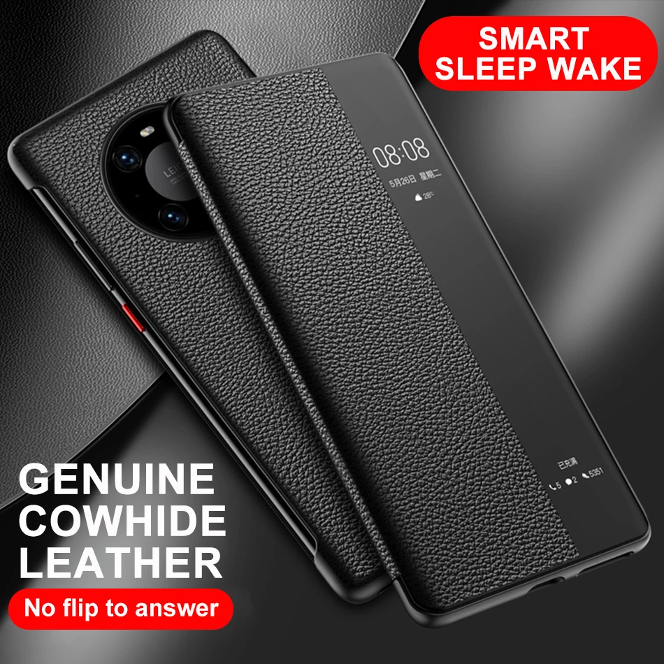 Genuine Leather Flip Cover For Huawei Mate 50 40 Pro+ 30 Mate40 Case Original Mirror Smart Touch View Wake Sleep Up Protection