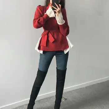 

Autumn Winter Turtleneck Long Sleeve Knitted Sweater Casual Women Solid Slim Lace-Up Waist Jumper Pullovers