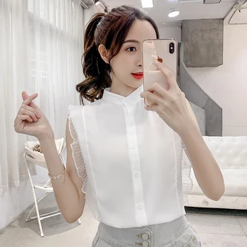 

COIGARSAM Ruffles Shirt Womens tops New Summer Sleeveless Women shirts White Yellow 9600