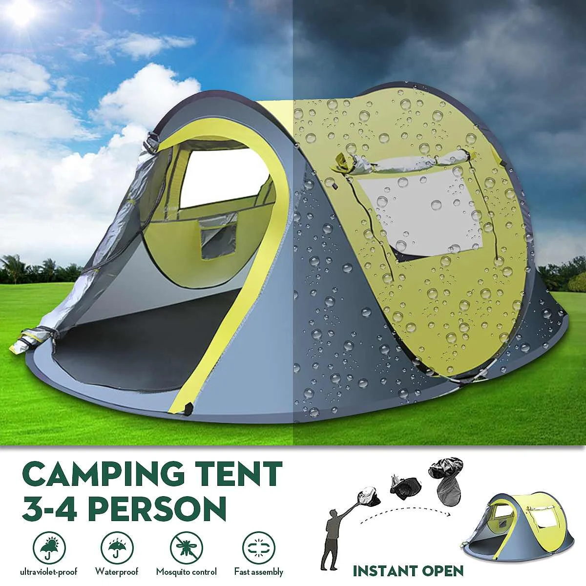 

Automatic 3-4 Person Camping Tent,Easy Instant Setup Protable Backpacking Waterproof Rainproof Canopy Outdoor Shelter